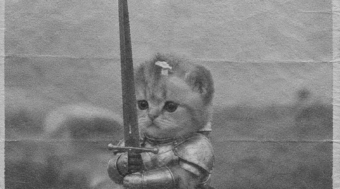 Kitten in armour holding a sword