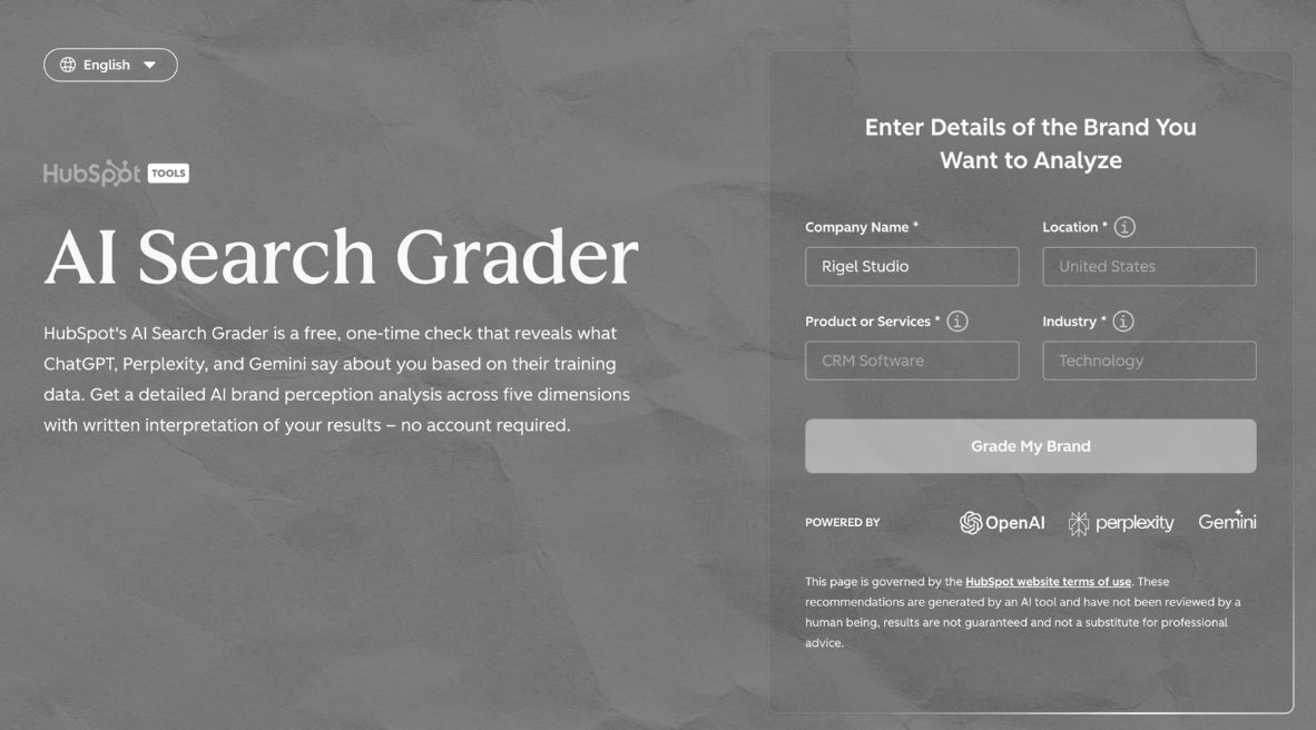 HubSpot AI Search Grader, one of the free tools in the stack